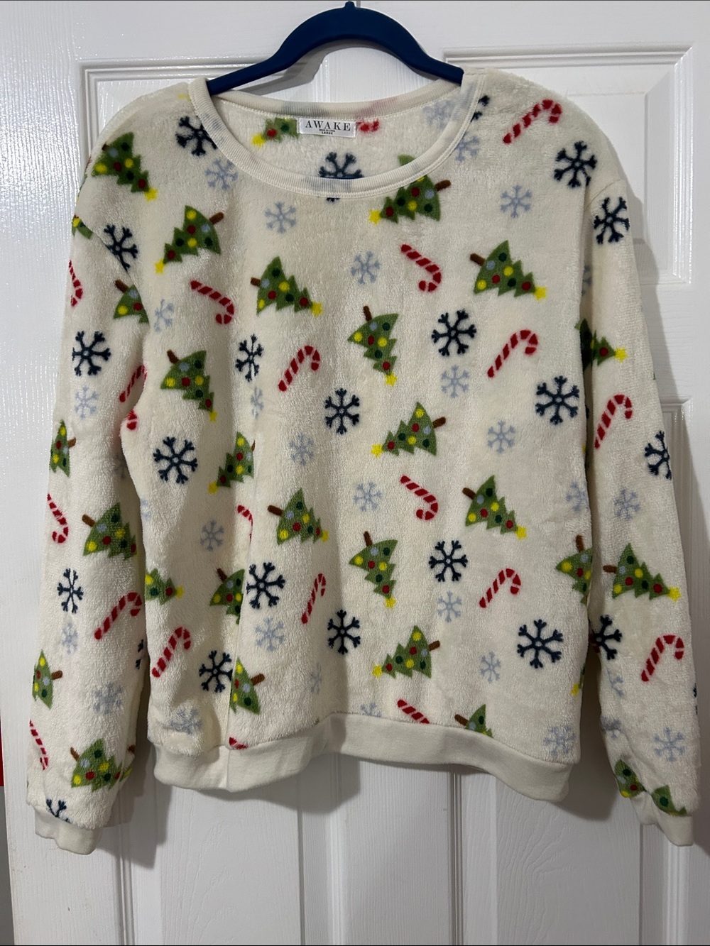 Awake Cream Fleece Crewneck with Green Tree & Red Candy Cane Motif